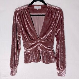 Wayf Pink Crushed Velvet Deep V Neck Smocked Long Sleeve Peplum Blouse XS
